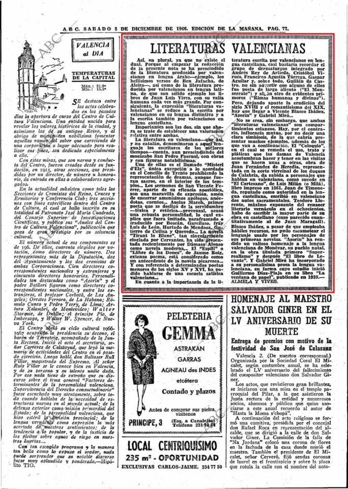 1966 12 03 ABC Literaturas Valencianas 1966 12 03 ABC Literaturas Valencianas
