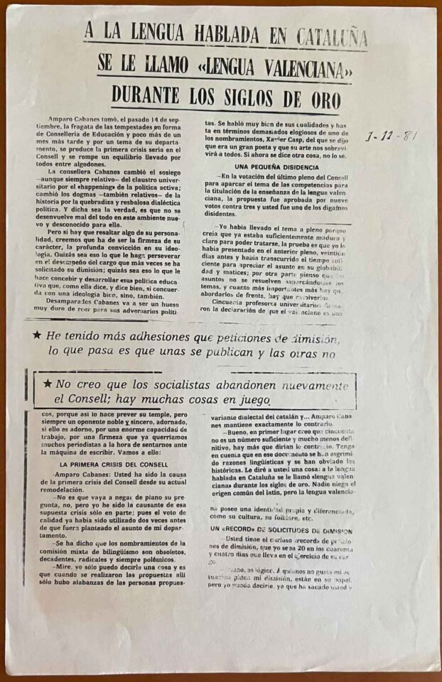 1981 11 01 Levante Amparo Cabanes A La Lengua Hablada En Cataluña Se Le Llamo Lengua Valenciana Durante Los Siglos De Oro 1981 11 01 Levante Amparo Cabanes A La Lengua Hablada En Cataluña Se Le Llamo Lengua Valenciana Durante Los Siglos De Oro