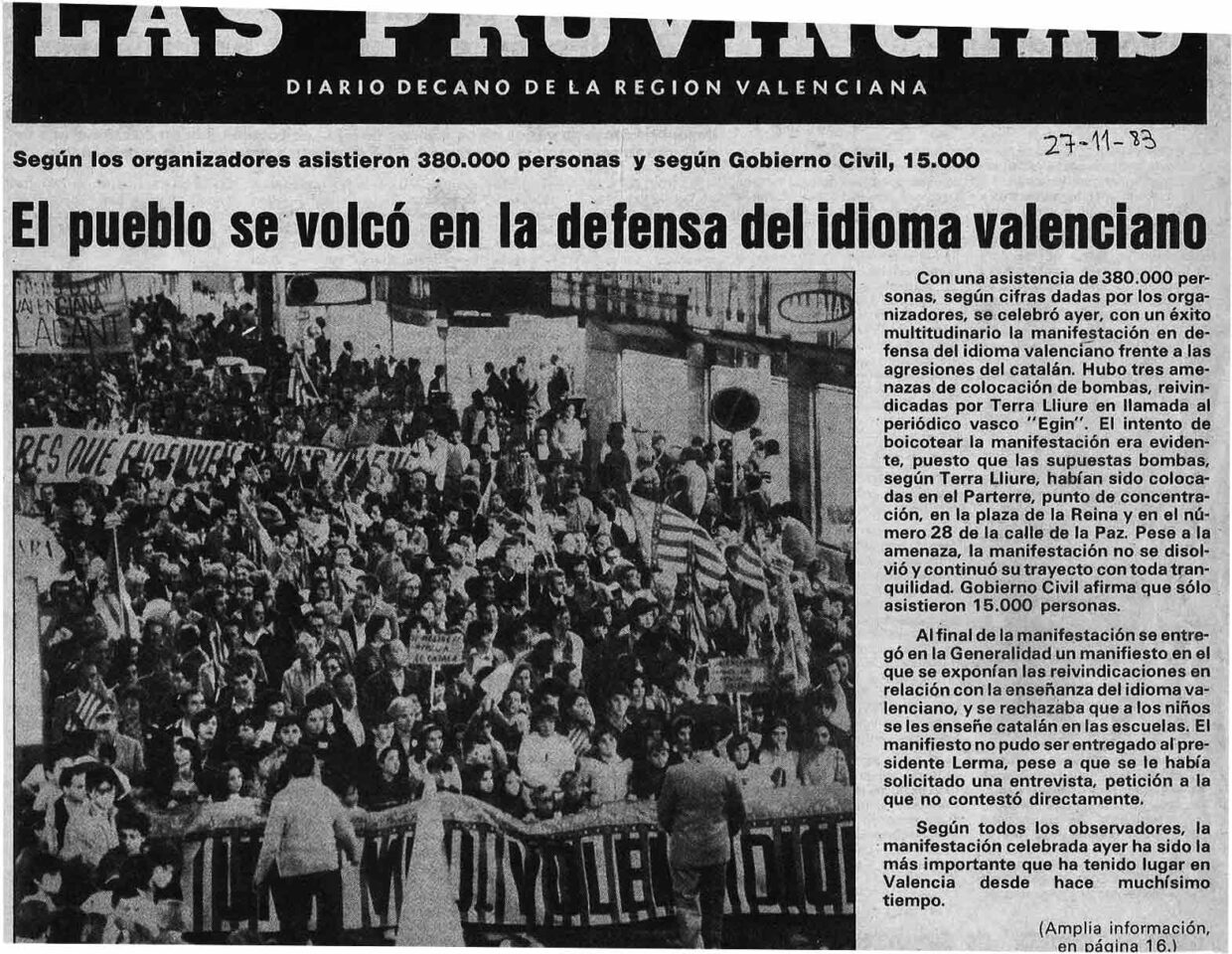1983 11 27 LAS PROVINCIAS 380000 Defiende La Lengua Valenciana Ante Agresión Catalanista 1983 11 27 LAS PROVINCIAS 380000 Defiende La Lengua Valenciana Ante Agresión Catalanista