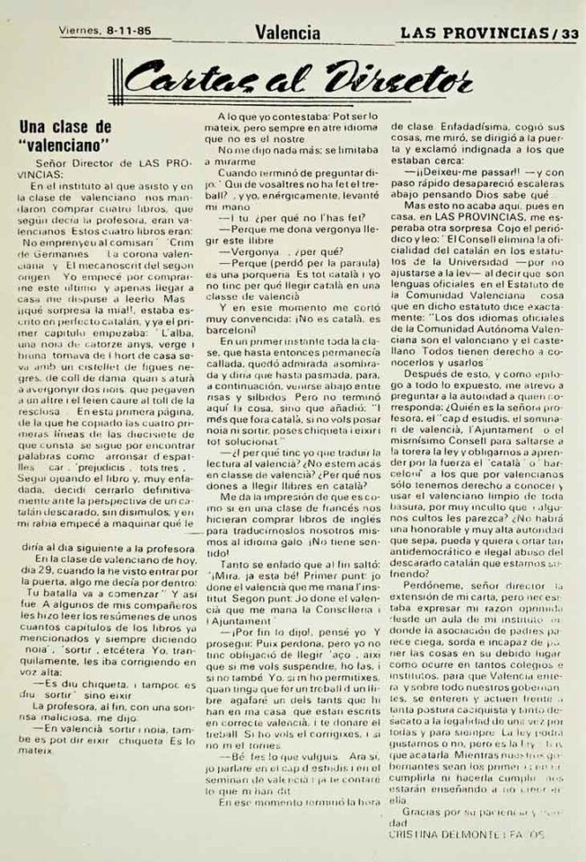 1985 11 08 - LAS PROVINCIAS - Una clase de Valenciano 1985 11 08 - LAS PROVINCIAS - Una clase de Valenciano