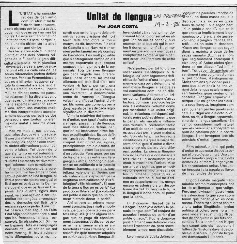 1986 03 19 LAS PROVINCIAS Unitat De La Llengua 1986 03 19 LAS PROVINCIAS Unitat De La Llengua