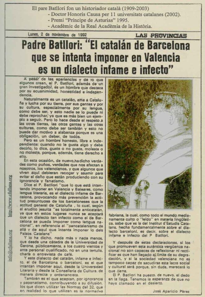1992 11 02 LAS PROVINCIAS Padre Batllori Dialecto Infame Barceloní 1 1992 11 02 LAS PROVINCIAS Padre Batllori Dialecto Infame Barceloní 1