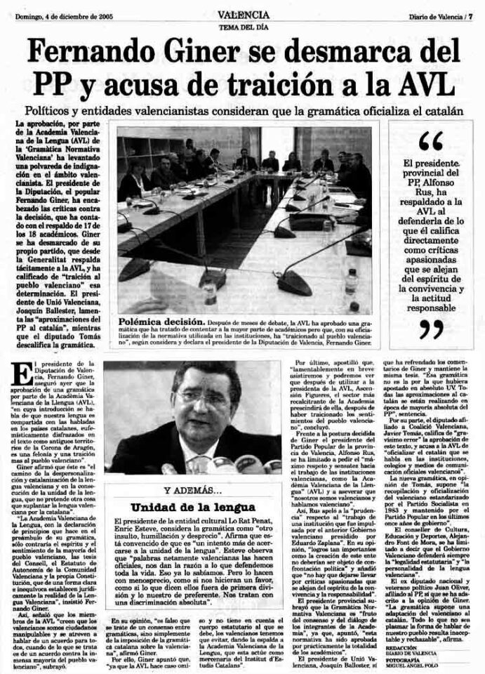 2005 12 04 DIARIO DE VALENCIA Giner Se Desmarca Del PP Y Acusa De Traícion A La AVL 2005 12 04 DIARIO DE VALENCIA Giner Se Desmarca Del PP Y Acusa De Traícion A La AVL