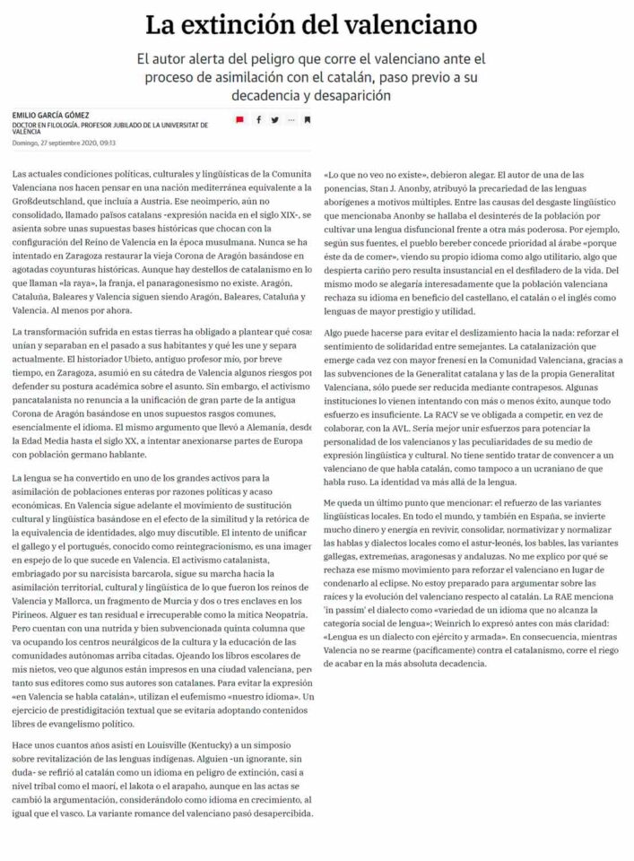 2020 09 27 LAS PROVINCIAS La Extinción Del Valenciano 2020 09 27 LAS PROVINCIAS La Extinción Del Valenciano